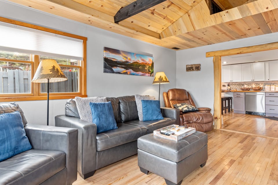 Bright & light living room with leather furniture including sleeper sofa