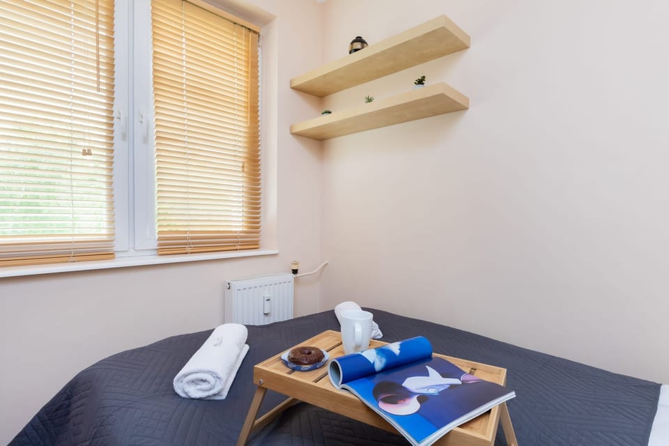 Bedroom corner with bright windows, wooden shelves, and a small breakfast tray on the bed.
