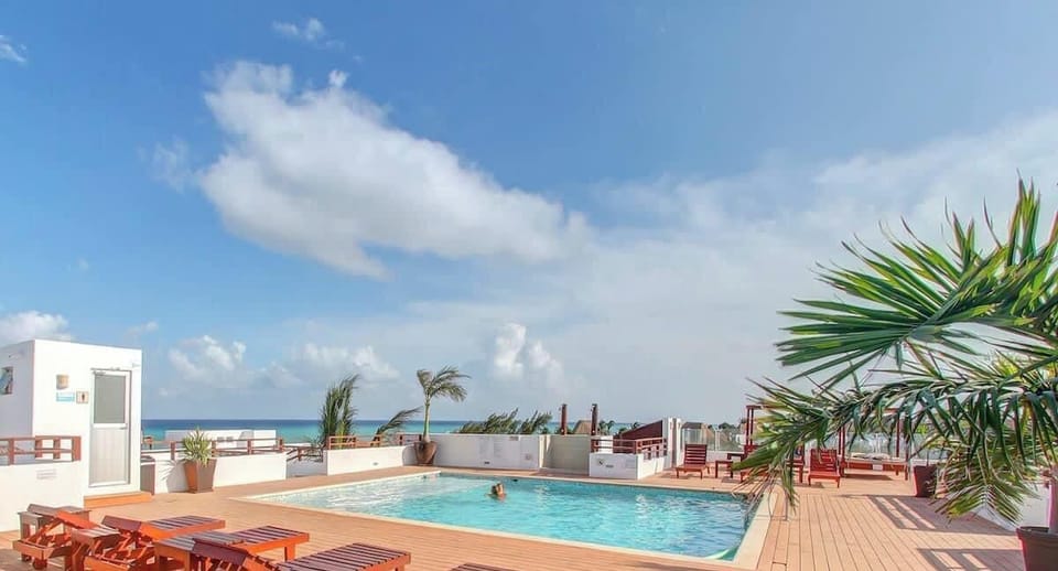 Rooftop pool area with ocean views and wooden lounge chairs.