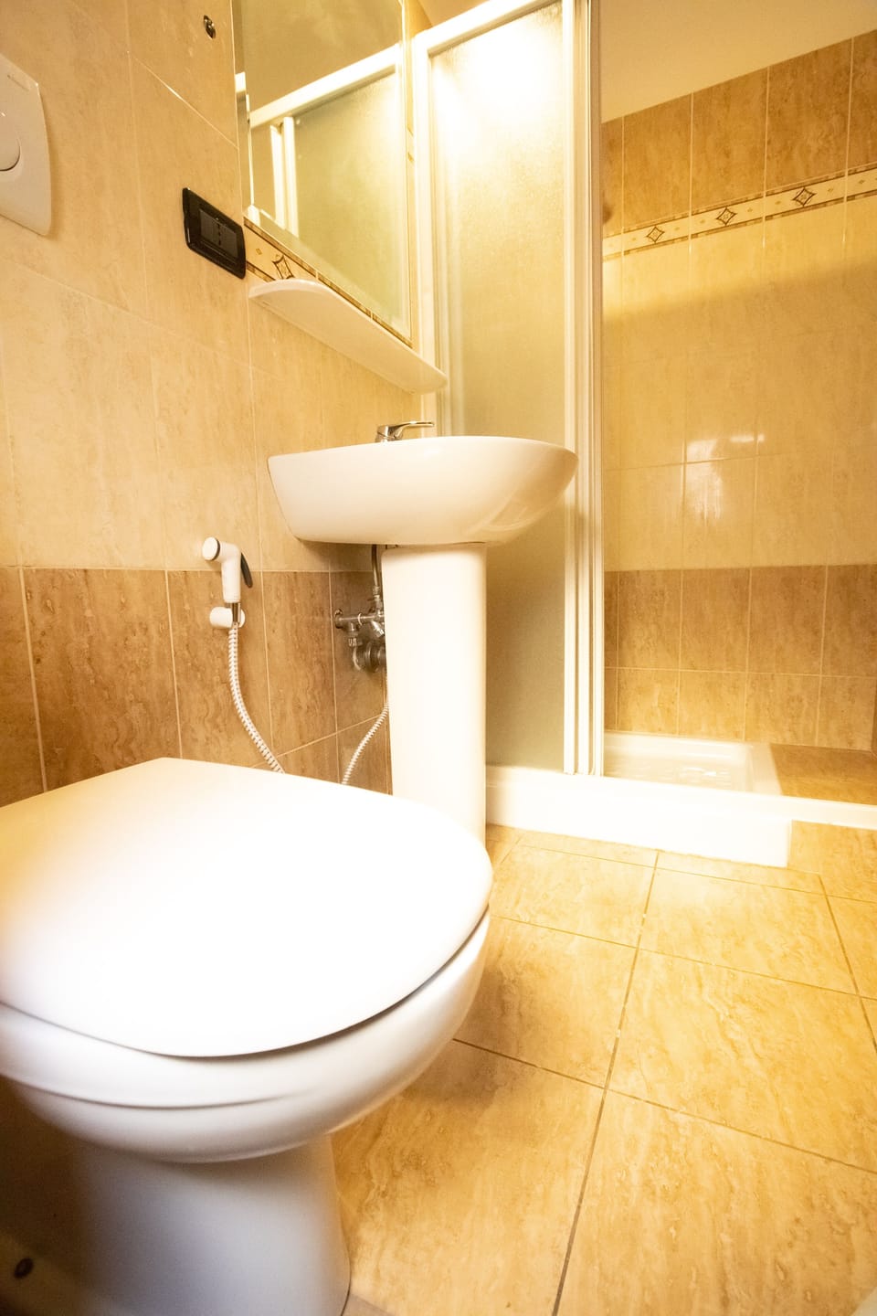 Shower, hair dryer, bidet, towels