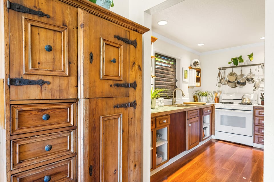 Well sticked kitchen features propane stove, All Clad cookware