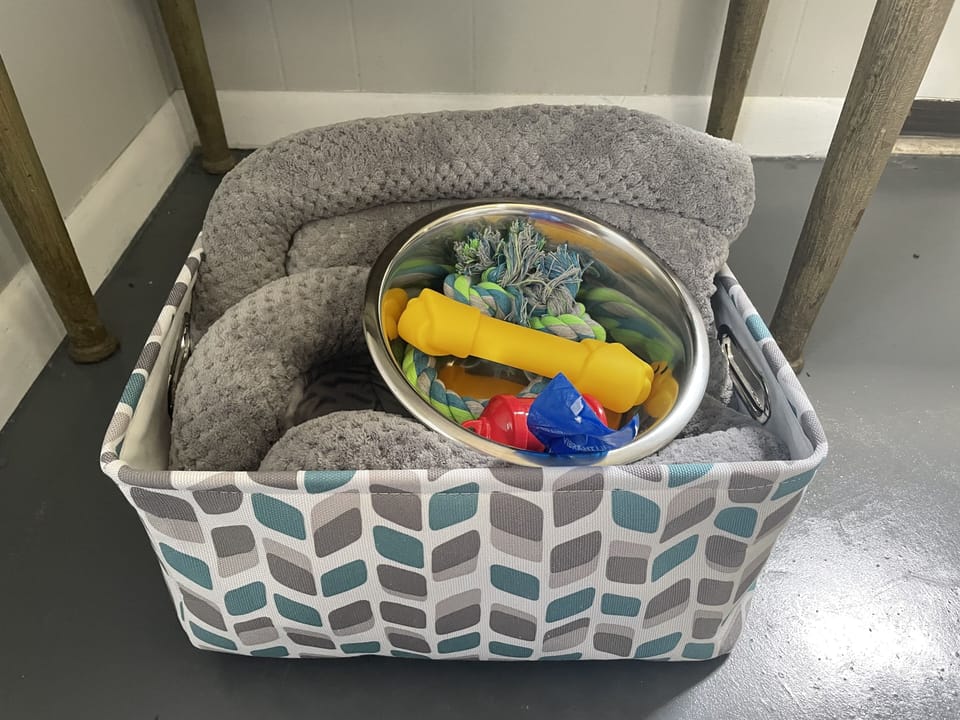 Dog basket with dog bed, bowls, toys, and waste bags