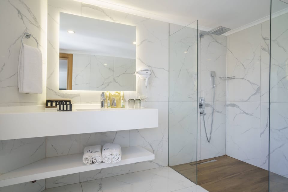 Shower, rainfall showerhead, hair dryer, slippers