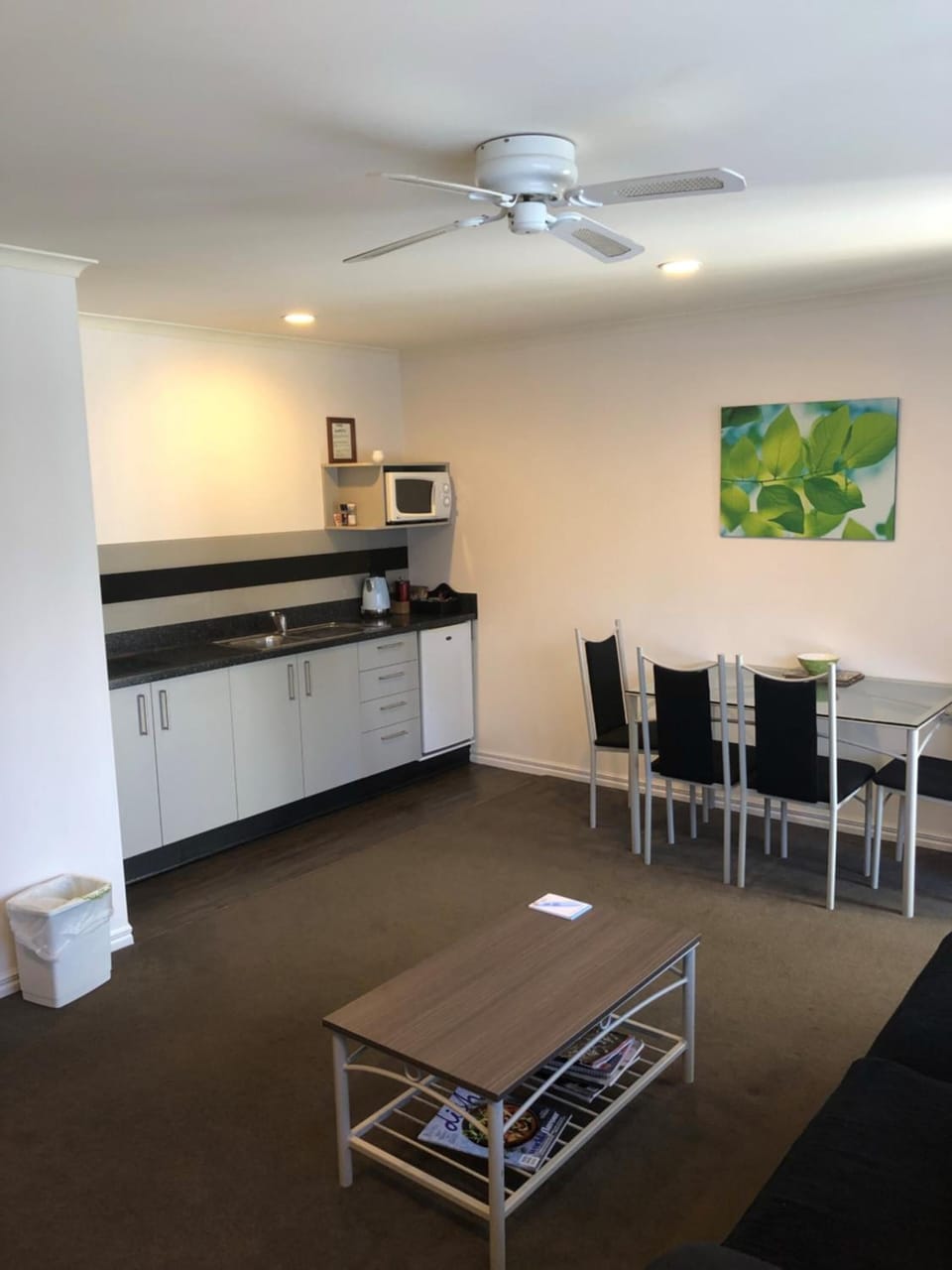 Fridge, microwave, stovetop, coffee/tea maker