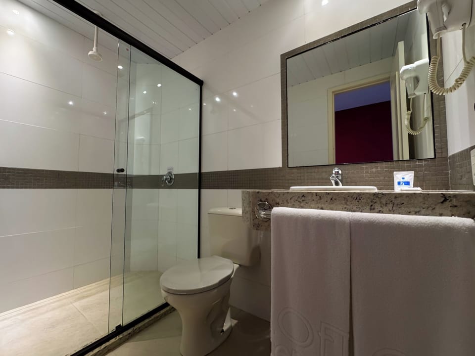 Shower, free toiletries, hair dryer, towels