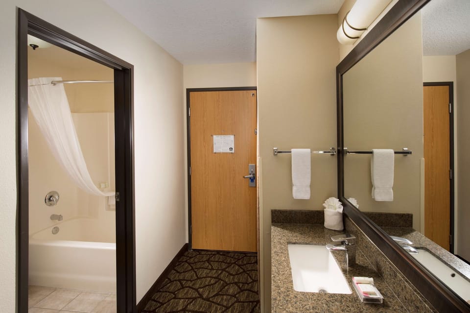 Combined shower/tub, free toiletries, hair dryer, towels