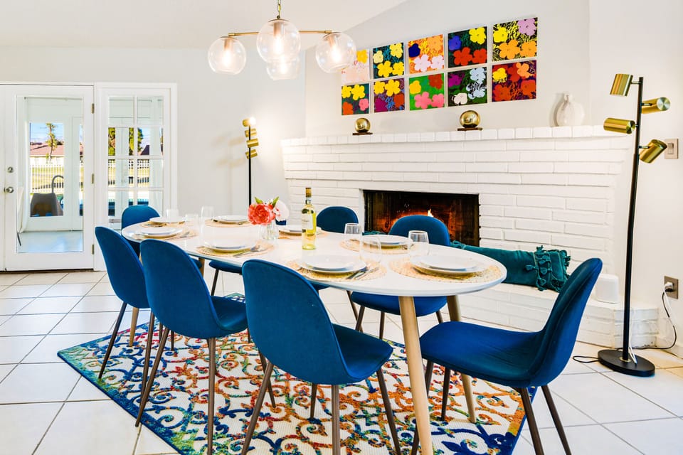Colorful and Inviting Dining Room, Table for Eight, Fireplace