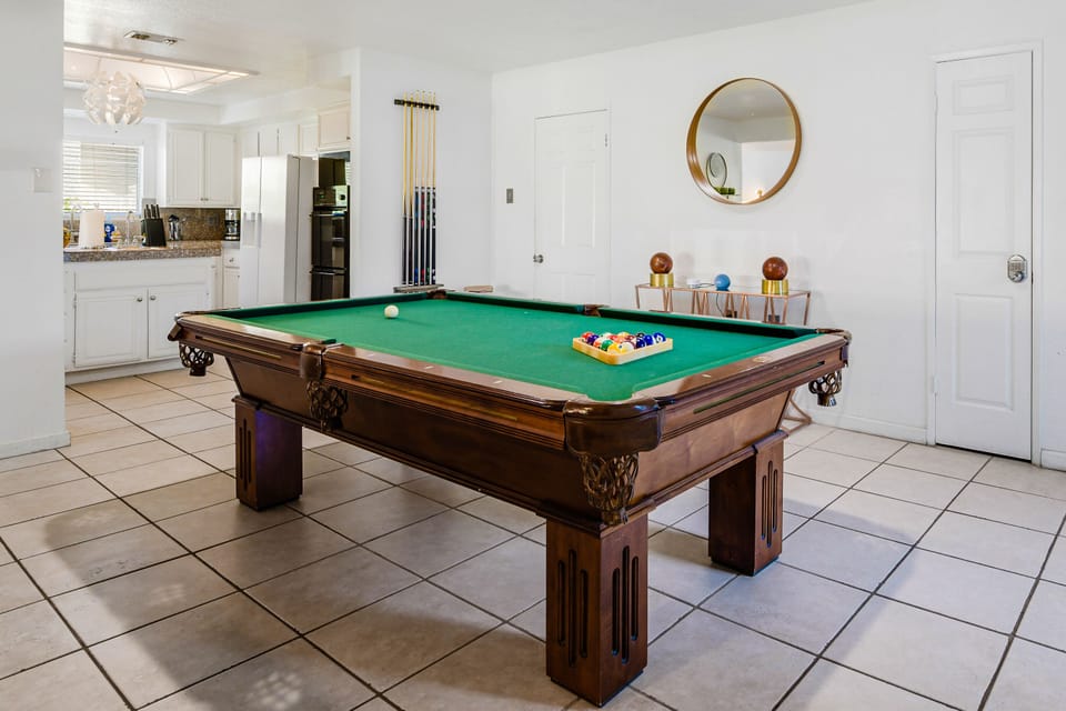 Pool Table, Alexa to Play Music , Entrance to Kitchen