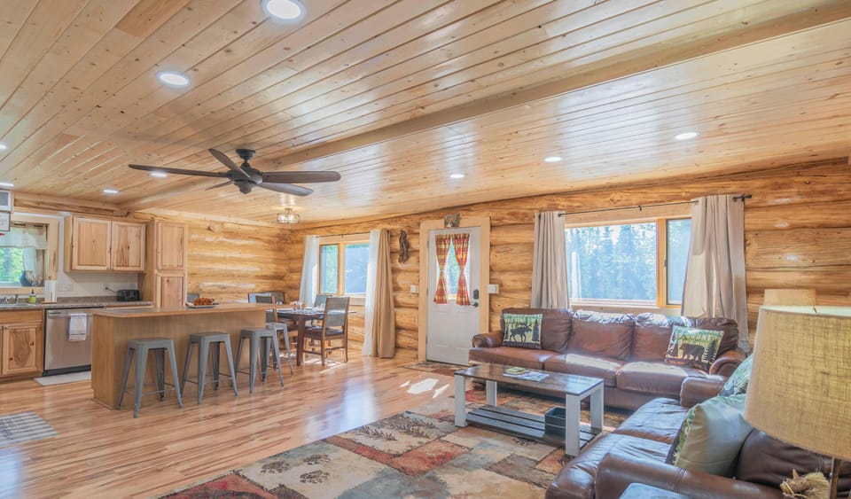 Kitchen, dining, and living area