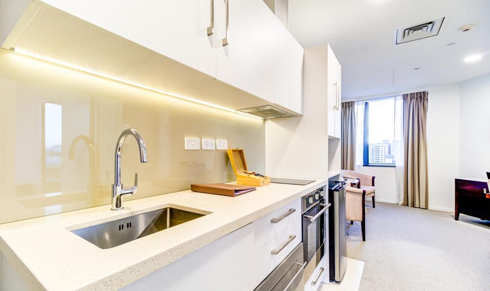Fridge, microwave, electric kettle, toaster