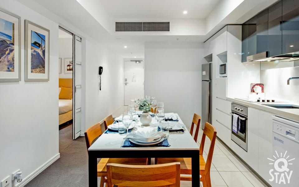 Sophisticated dining area is right next to the kitchen