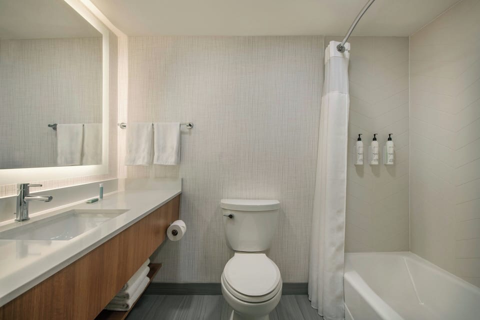 Combined shower/tub, free toiletries, hair dryer, towels