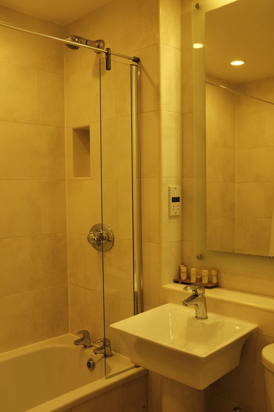 Combined shower/tub, free toiletries, hair dryer, towels