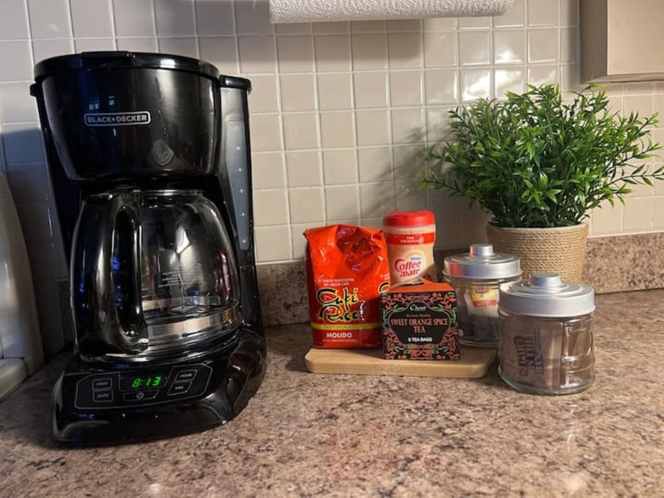 We supply you with some Puerto Rican coffee and some teas. 
