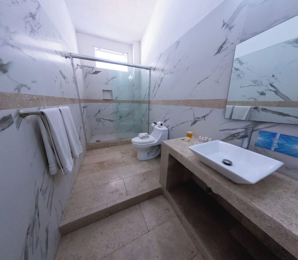 Shower, free toiletries, towels
