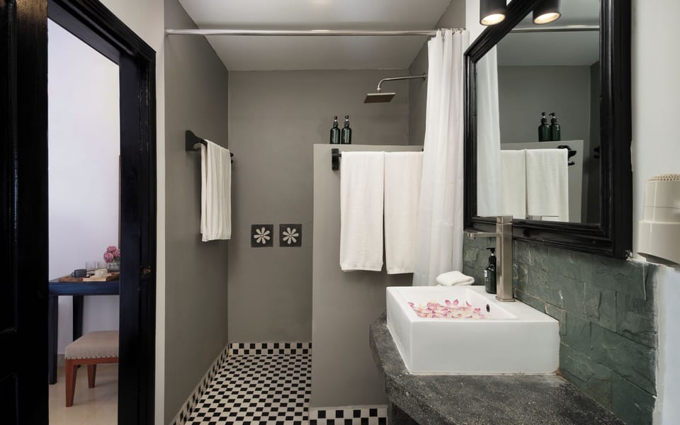 Shower, free toiletries, hair dryer, bathrobes