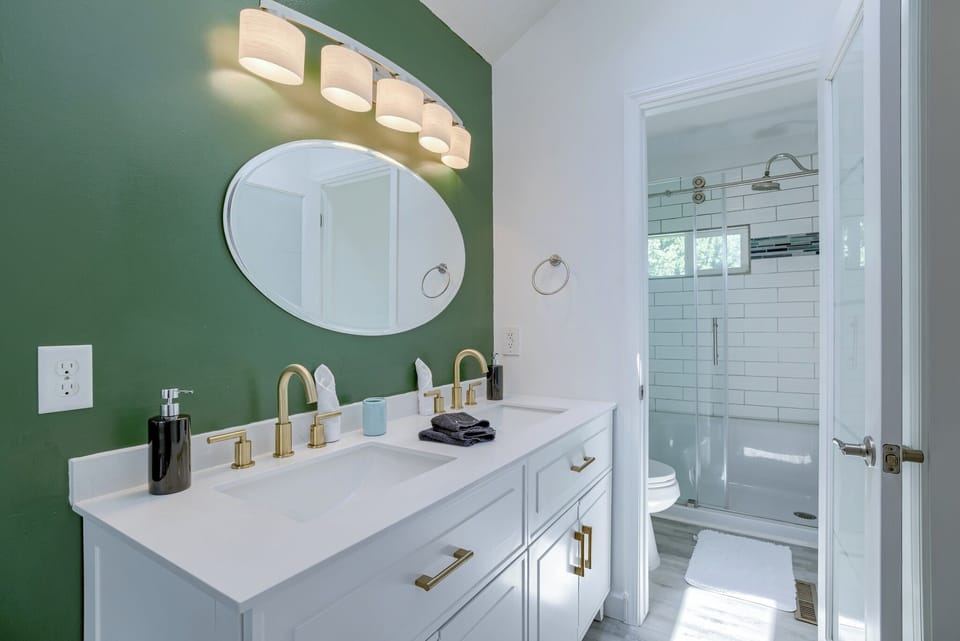 Newly upgraded double vanity provides more room. Private bathroom as well.