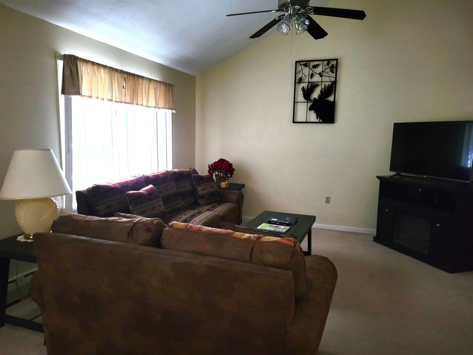 Living Room has a 43-inch Flat Screen TV on an Electric Fire Place entertainment center