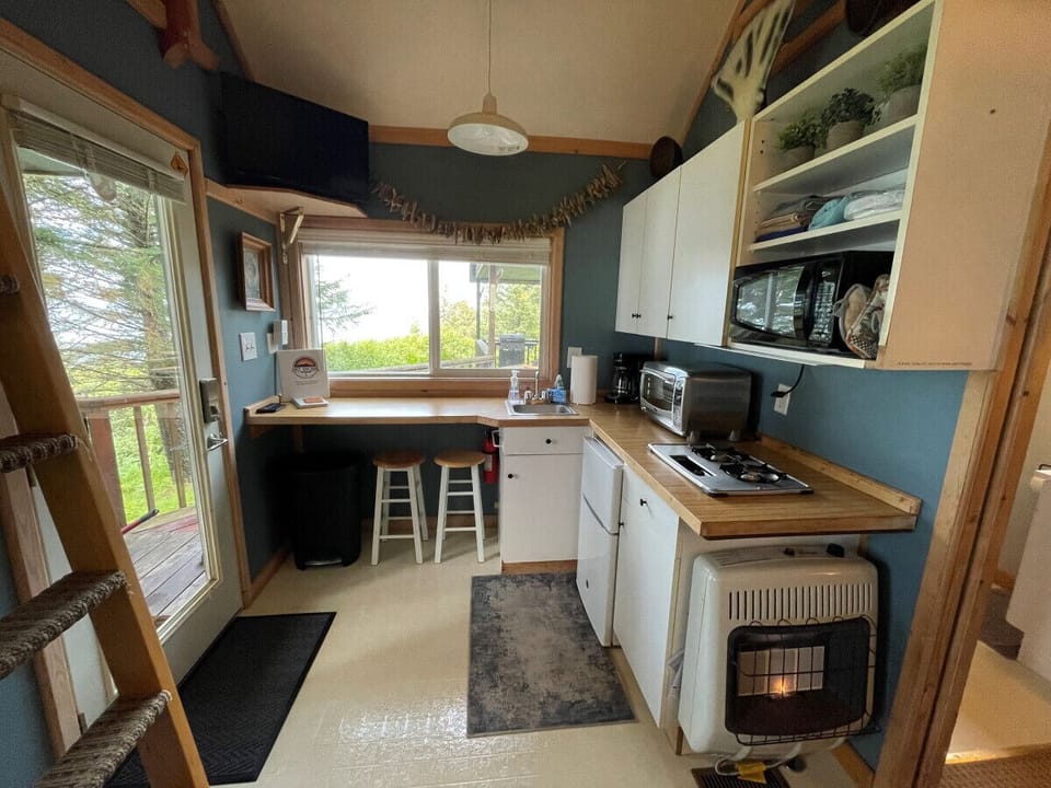 Kitchenette includes under counter fridge, microwave, two burner stove, toaster oven, coffee maker, dishes and cooking  basics