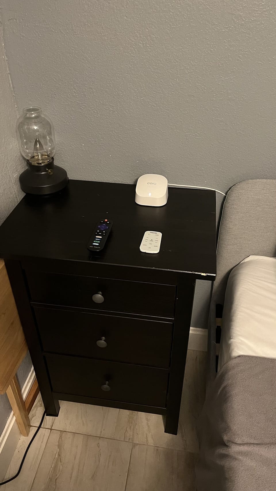 Night stand with 2 remote controls (1 AC and 2nd TV) and three wifi extender 