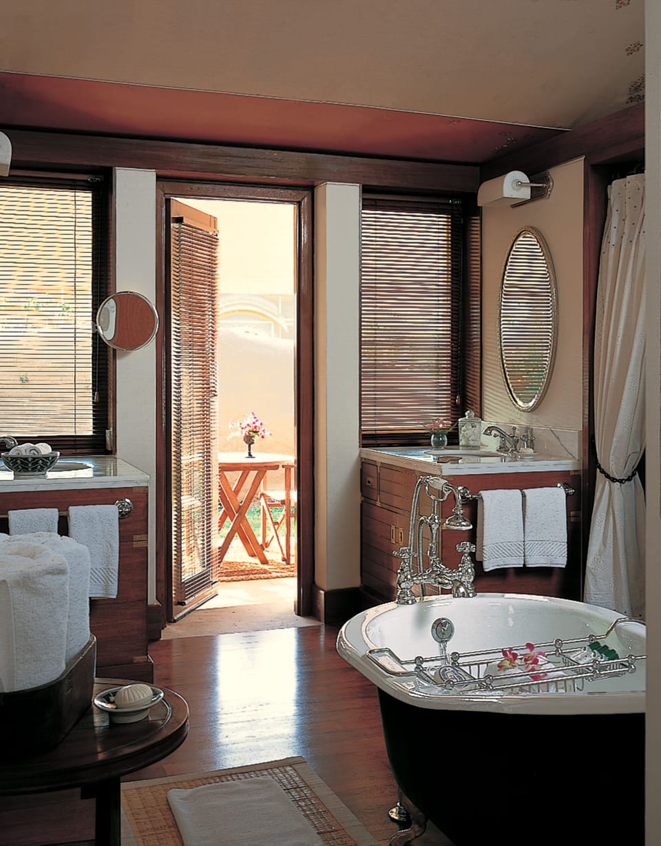 Separate tub and shower, deep soaking tub, designer toiletries