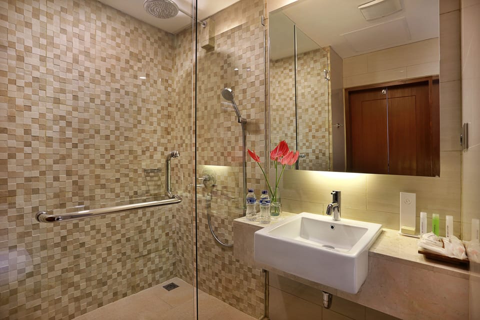 Shower, free toiletries, hair dryer, slippers
