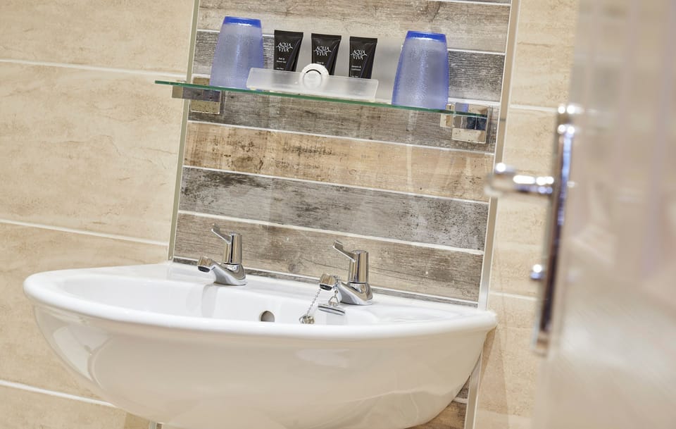 Combined shower/tub, free toiletries, hair dryer, towels