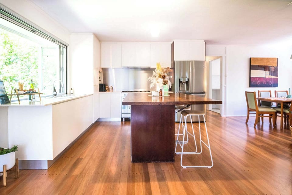 Bar seating at the kitchen island.