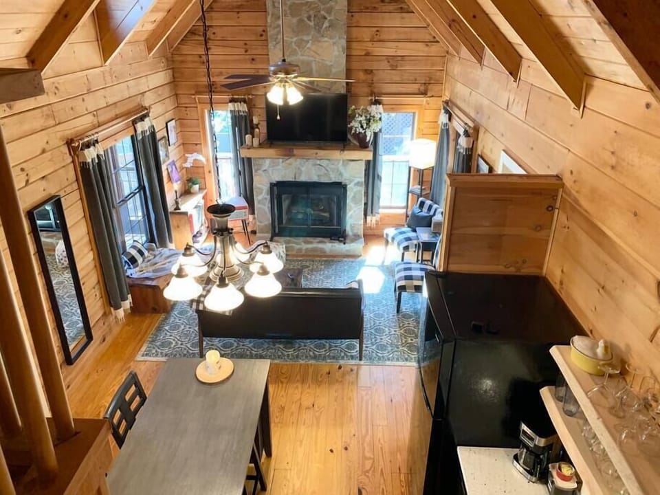 View of kitchen and living space from the loft area.