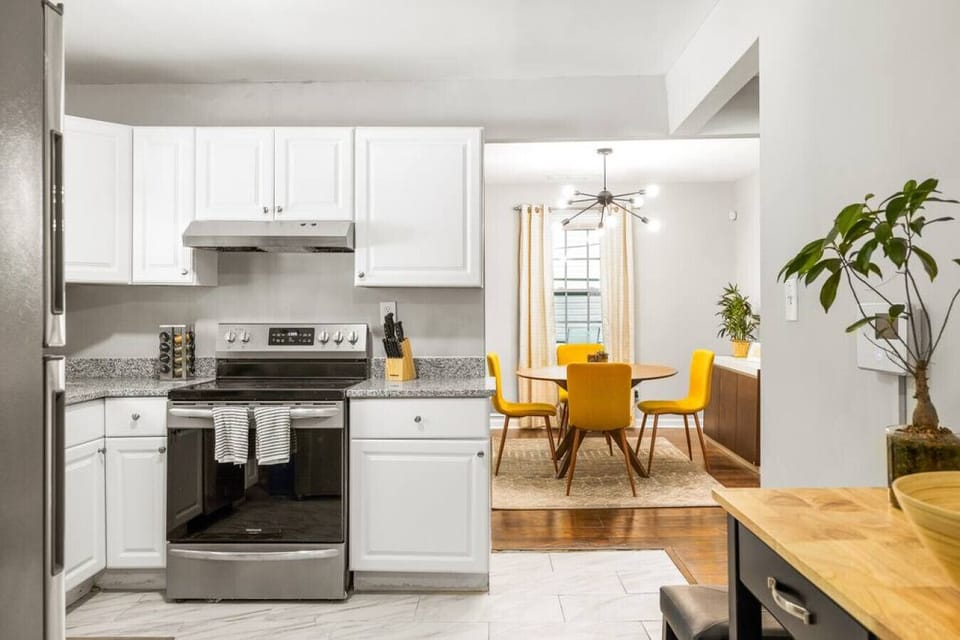 Kitchen elegance: Brand new stainless steel appliances for a sleek, modern cooking experience.