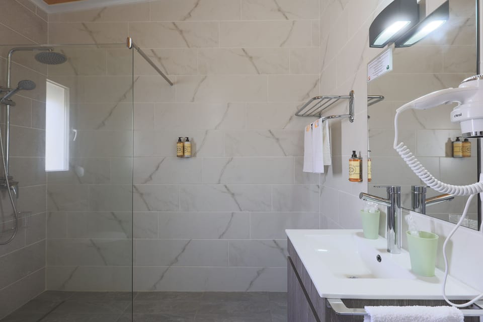 Shower, rainfall showerhead, free toiletries, hair dryer