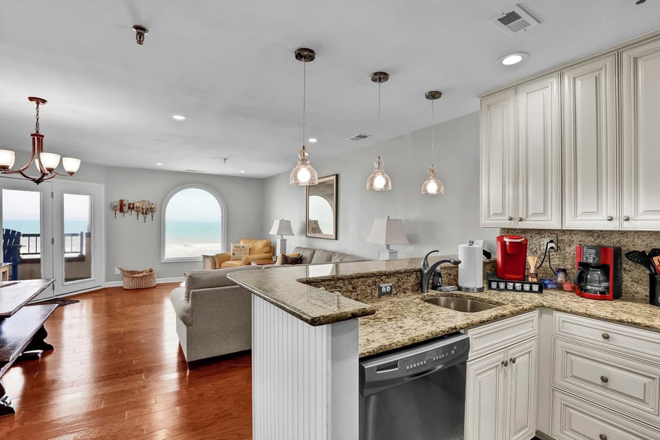 Kitchen overlooking the living room.