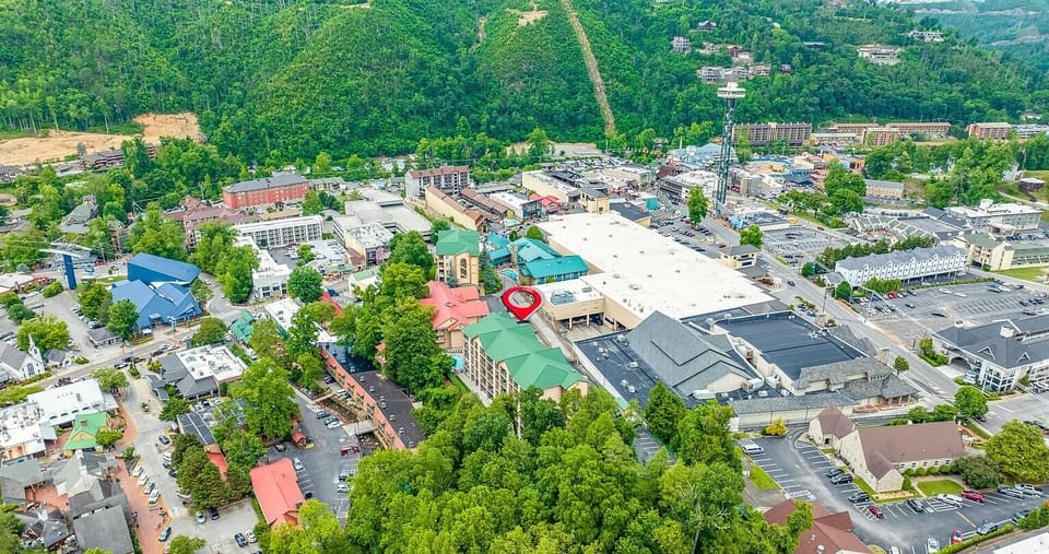 Aerial photo showing the convention center to the right 