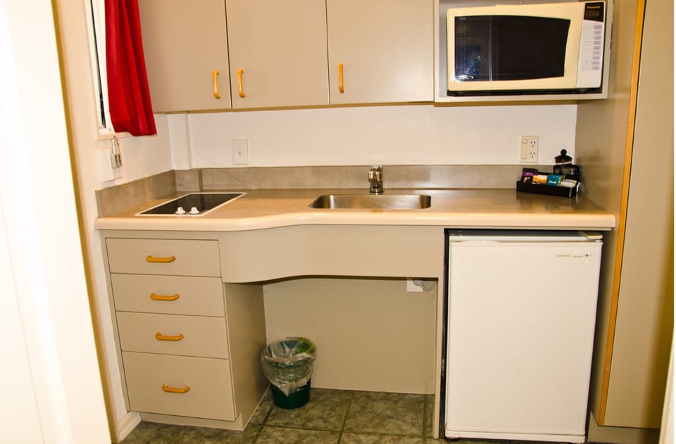 Fridge, microwave, toaster, cookware/dishes/utensils