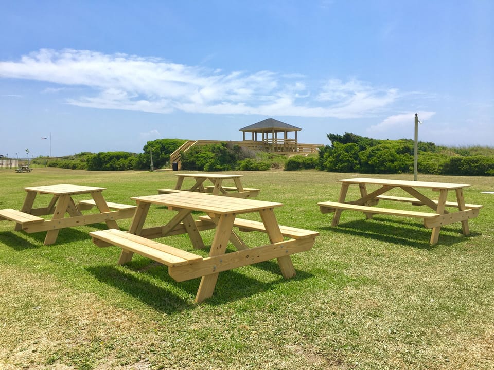 Picnic tables and charcoal grills.