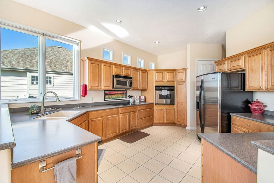 View of the kitchen from the upstairs living room. 