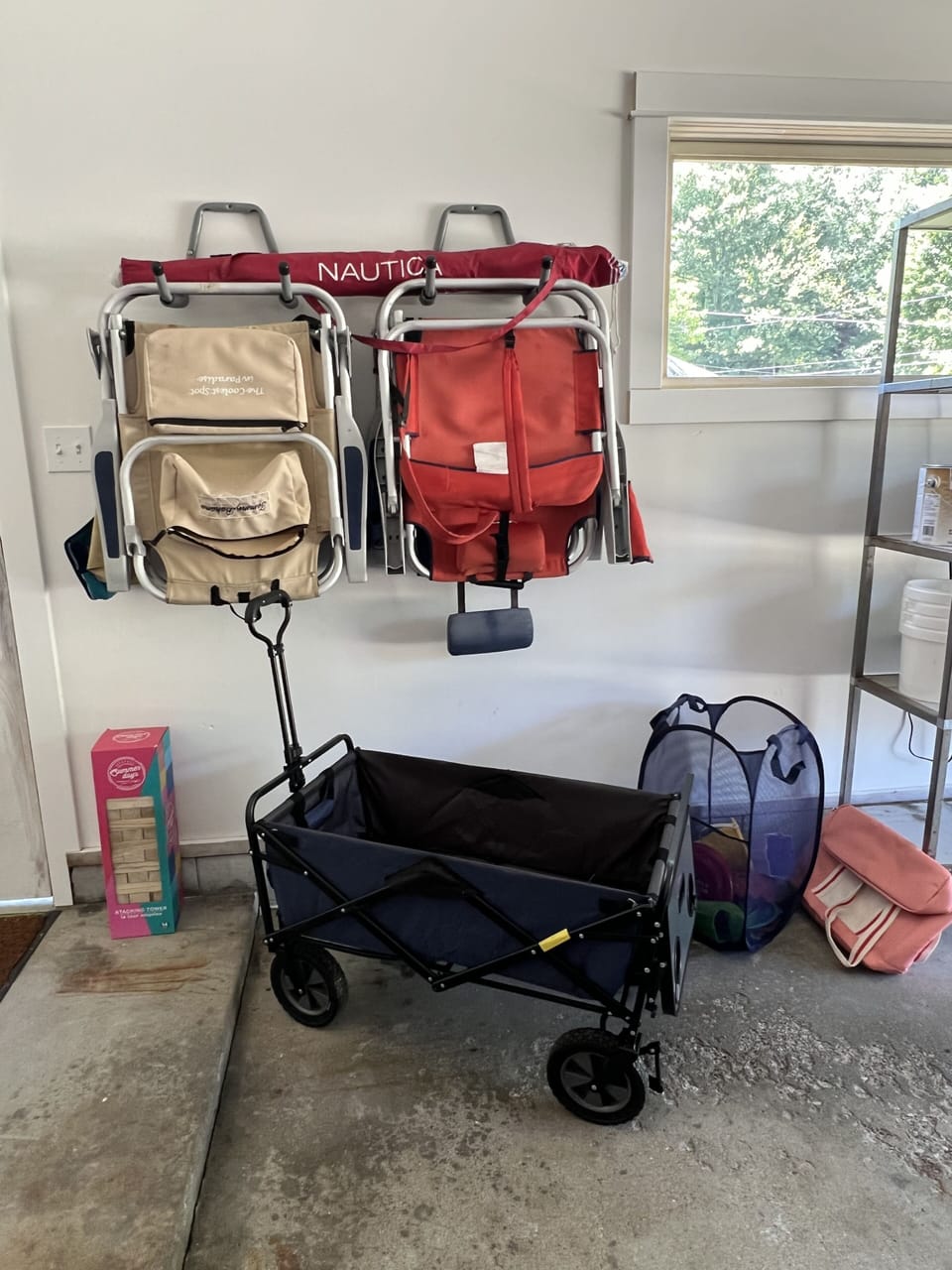 Beach chairs, wagon, umbrella ,cooler and sand toys.