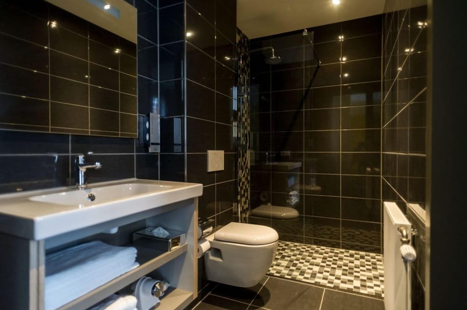 Shower, rainfall showerhead, free toiletries, hair dryer