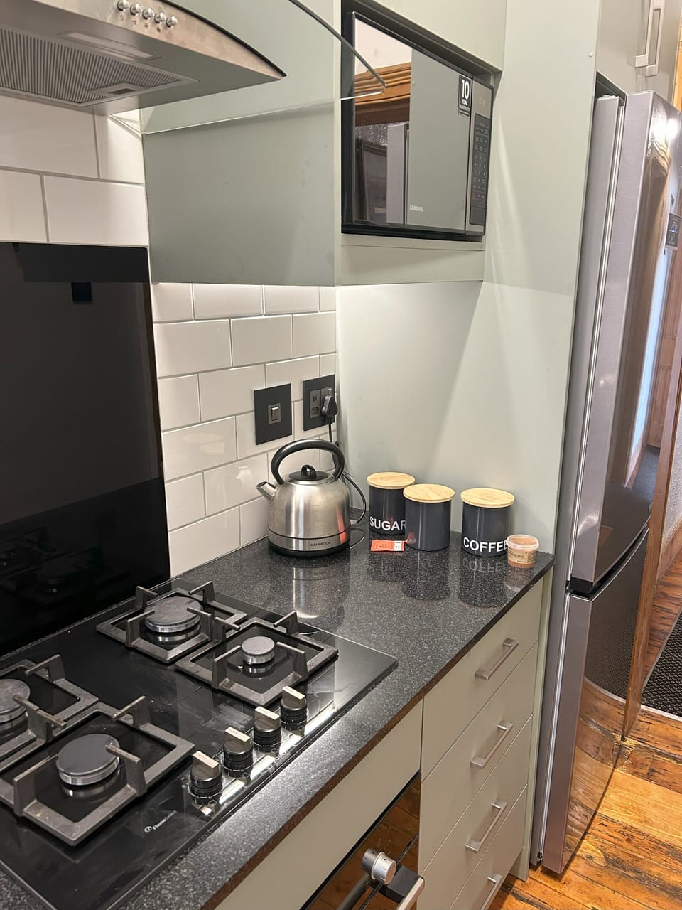 Mini-fridge, microwave, coffee/tea maker, electric kettle