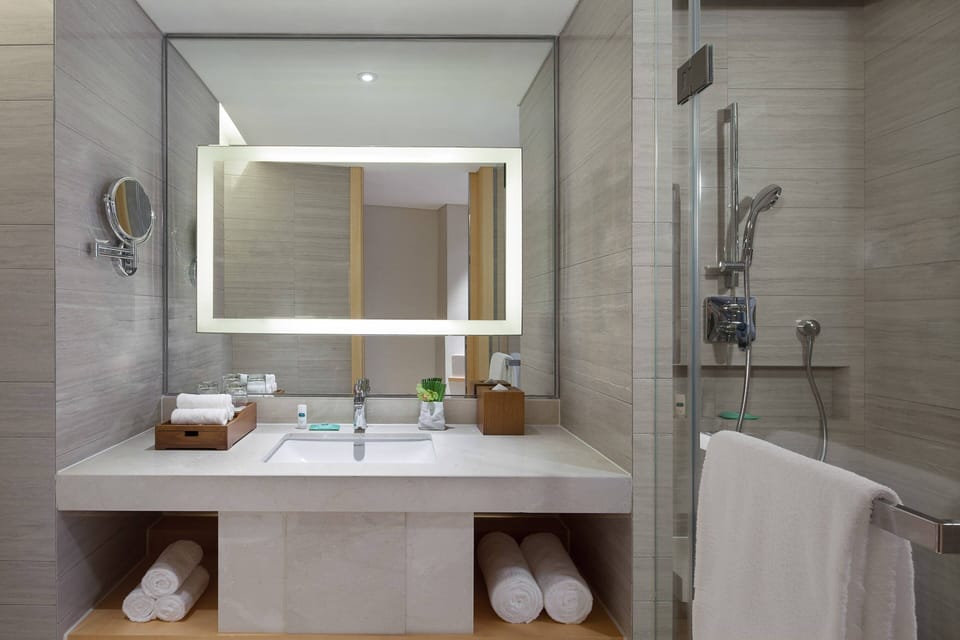 Shower, free toiletries, hair dryer, bathrobes
