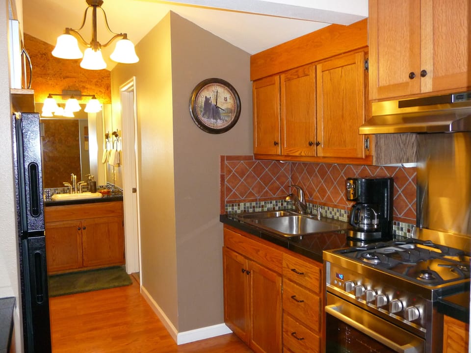 full kitchen - fridge, stove, oven, sink, dishes, everything for preparing meals