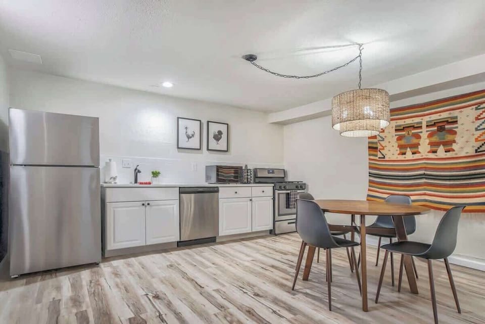 Fully stocked kitchen with all the extras that you could need during your stay! We have tried to think of it all from the basics of pots and pans, to the more sporadic strainer, cookie sheets, and can opener!