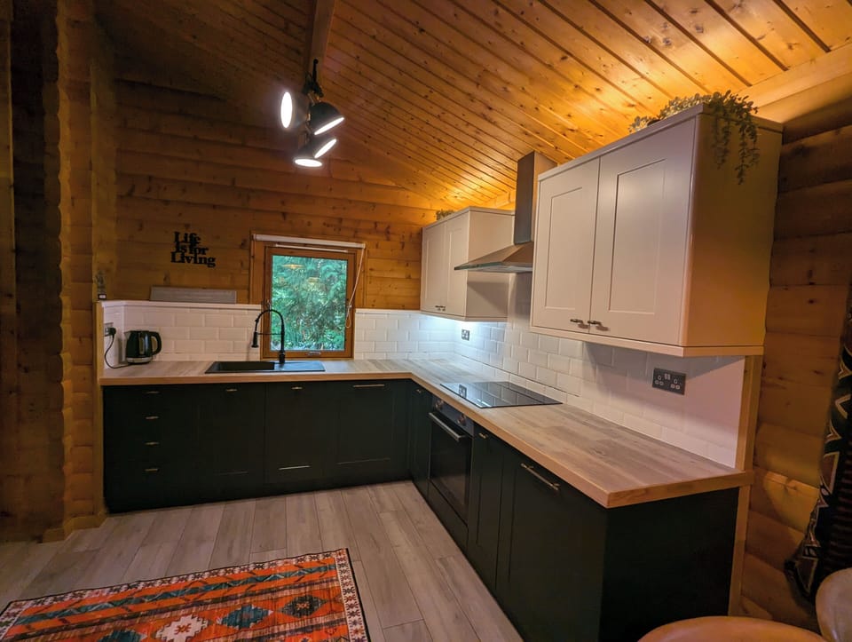 Cabin | Private kitchen | Fridge, microwave, oven, stovetop