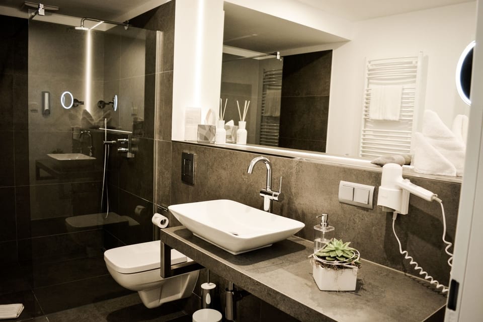 Shower, rainfall showerhead, eco-friendly toiletries, hair dryer