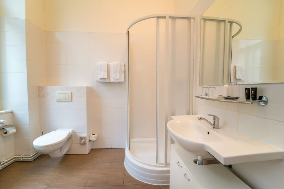 Shower, free toiletries, hair dryer, towels