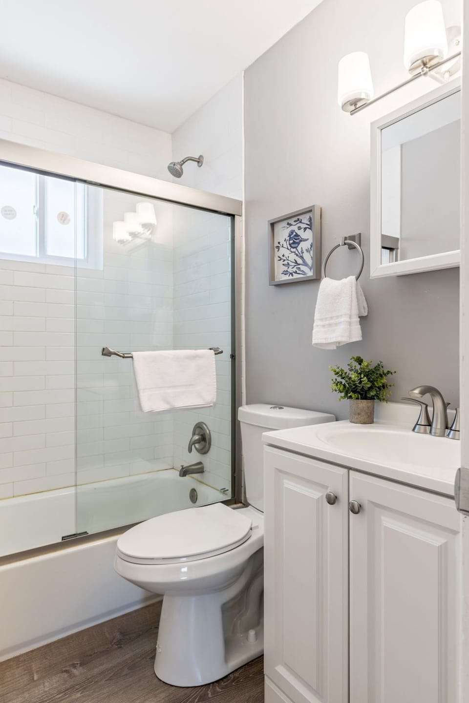 Full bathroom with a glass-enclosed tub-shower, toilet, and white vanity.