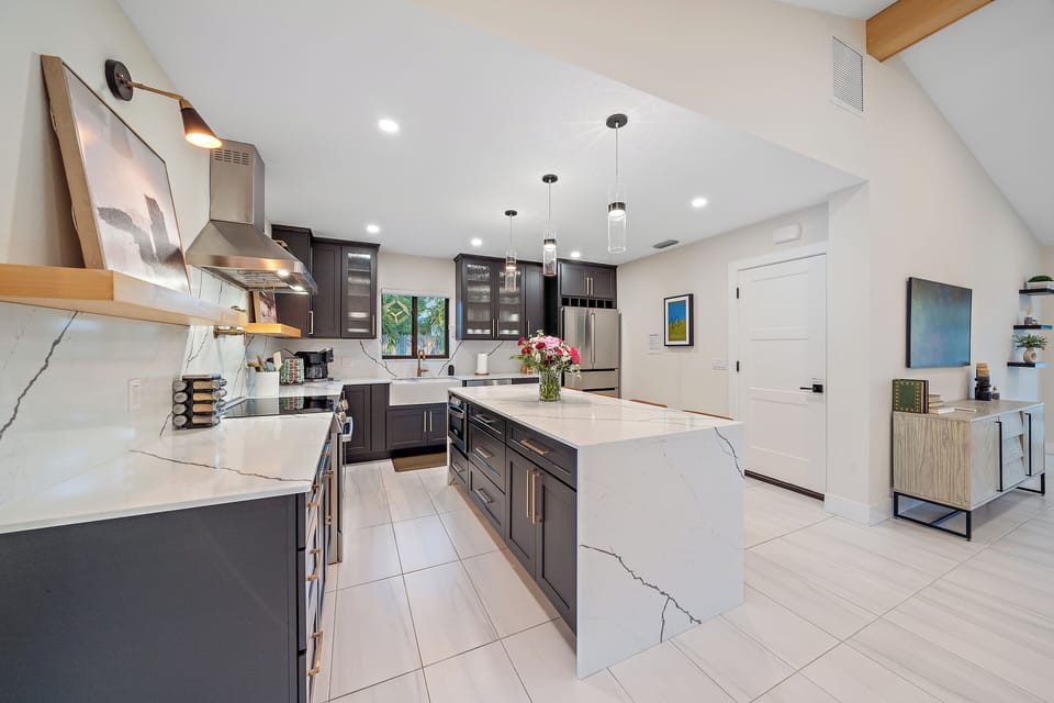Microwave is built into the island and the hood over the range works very well