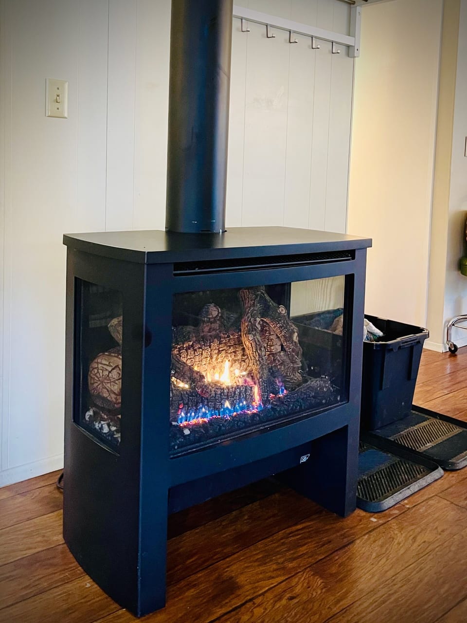 Gas fireplace for cozy nights has windows on all three sides.