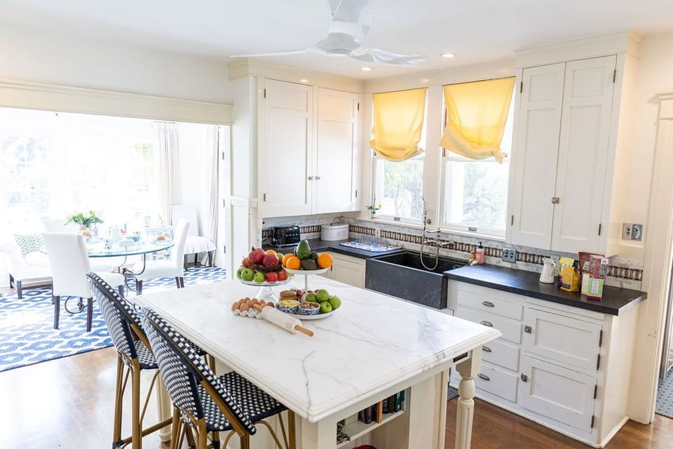 Kitchen with eating area off to side