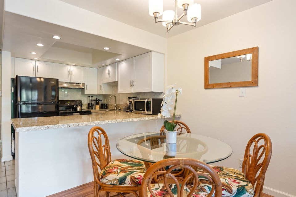 Fully stocked kitchen and dining area